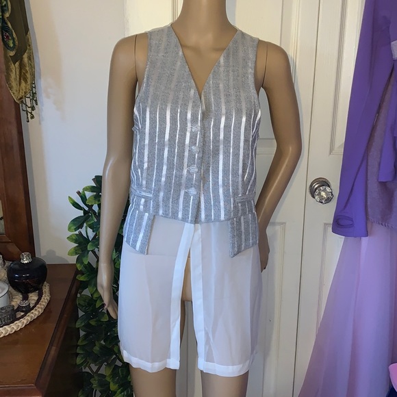 Vtg 90s y2k sleeveless grey white stripe sheer chiffon vest tunic top M - Picture 6 of 16
